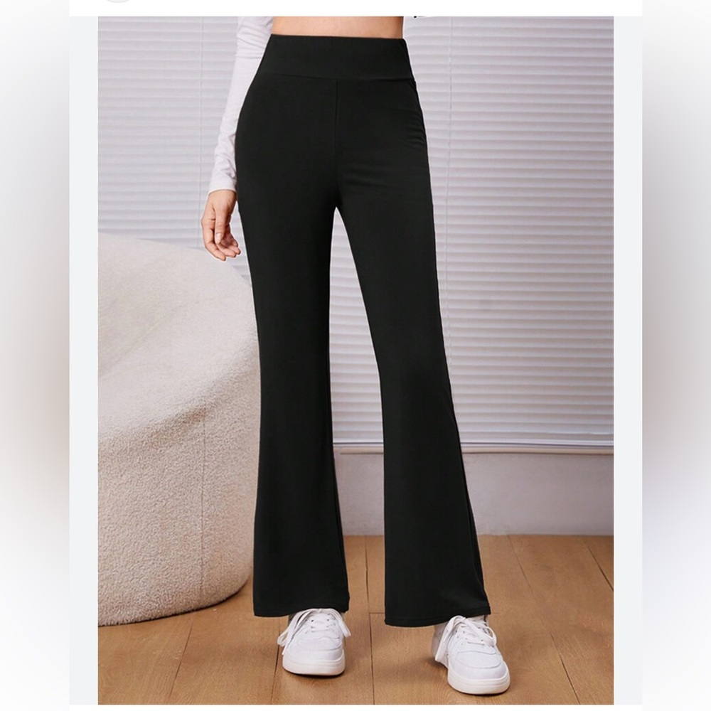 SHEIN Teen Girls Solid Color Long High Waisted Flared Pants Leggings Black